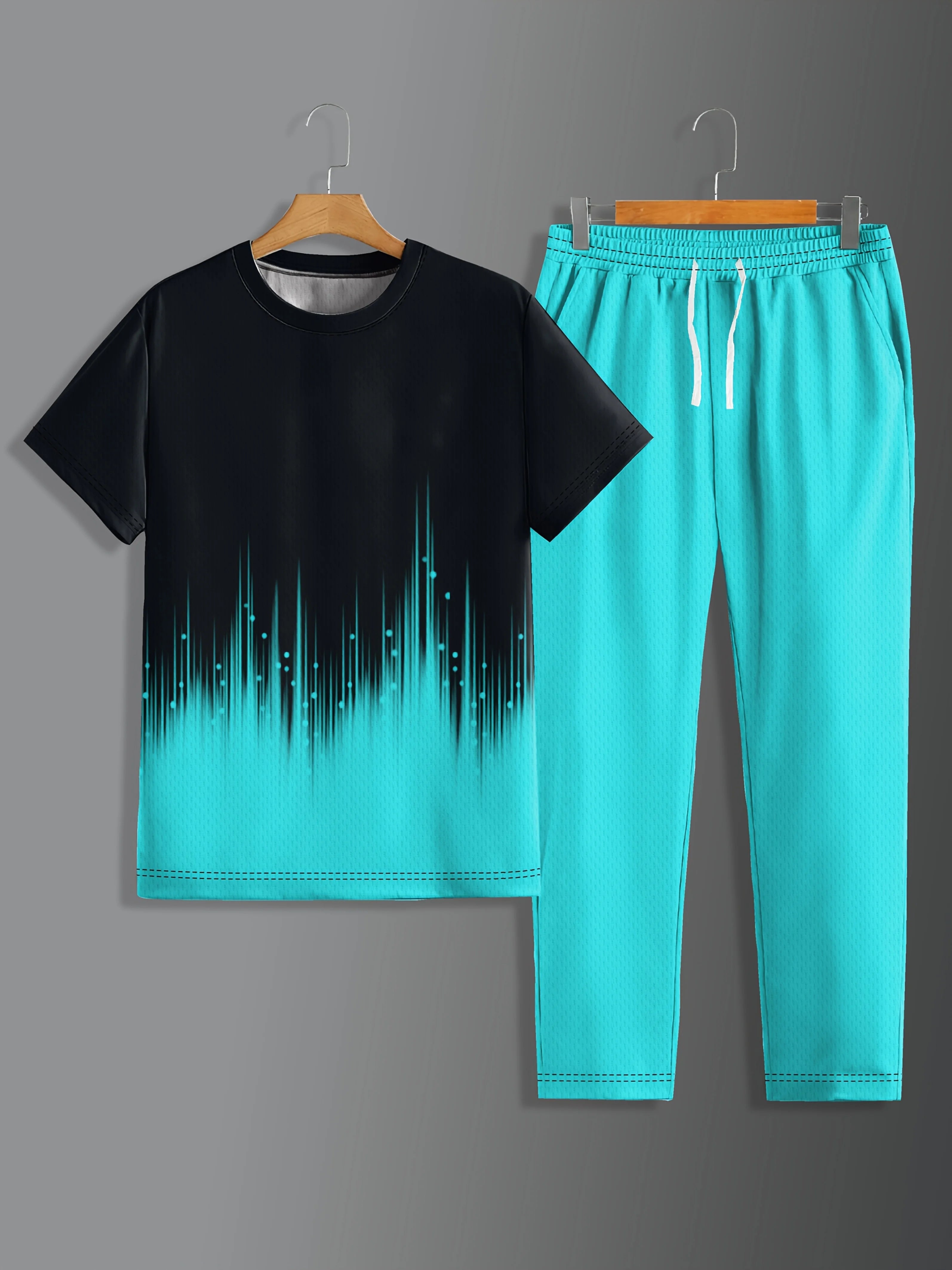 Simple Men's Summer Gradient Printed Outdoor Casual Two-Piece Set with a Comfortable and Breathable Round Neck T-Shirt and Pants for 2025