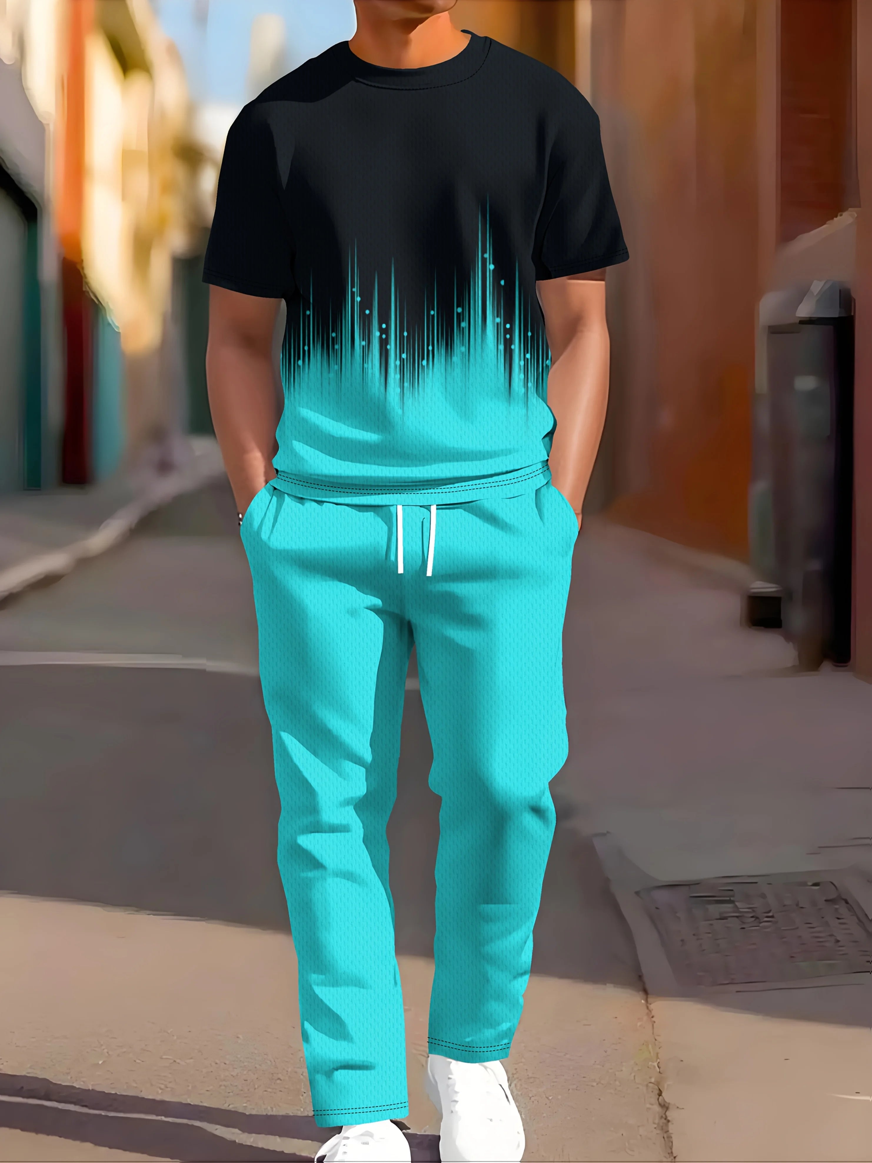 Simple Men's Summer Gradient Printed Outdoor Casual Two-Piece Set with a Comfortable and Breathable Round Neck T-Shirt and Pants for 2025