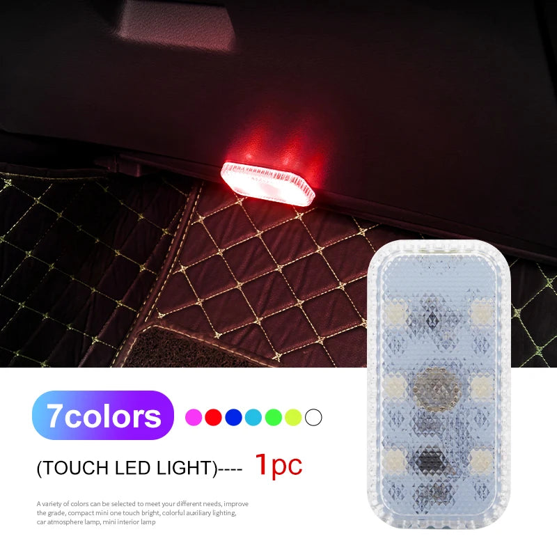 Mini Wireless LED Touch Light for Car Interior Lighting, Auto Roof, Ceiling, Door, Foot, and Trunk Storage Box with USB Charging