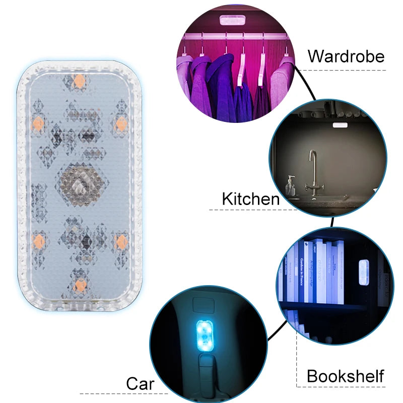 Mini Wireless LED Touch Light for Car Interior Lighting, Auto Roof, Ceiling, Door, Foot, and Trunk Storage Box with USB Charging