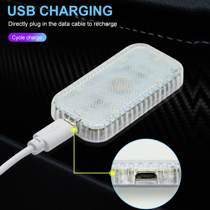Mini Wireless LED Touch Light for Car Interior Lighting, Auto Roof, Ceiling, Door, Foot, and Trunk Storage Box with USB Charging