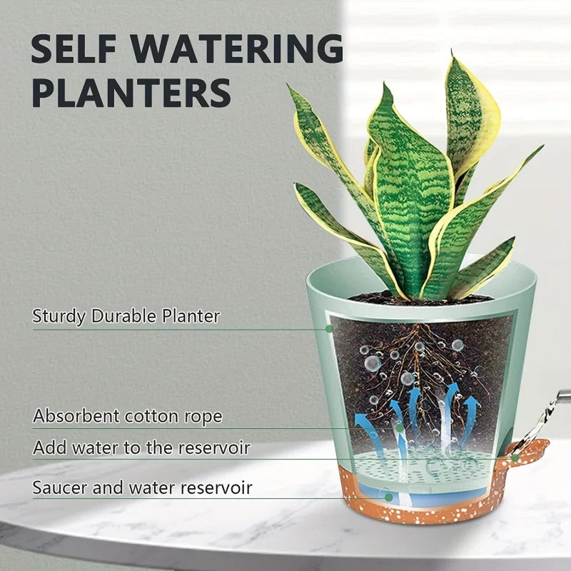 Five Nursery Planting Pot Plastic Self-Watering Planters with a Drainage Hole for Indoor Plants 7/6.5/6/5.5/5 Inches