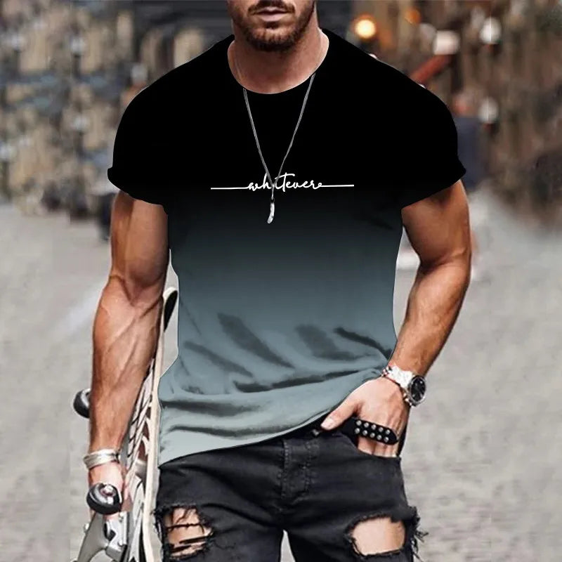 Men's Gradient Letter Printed Comfortable and Breathable Round-Neck T-Shirt for Outdoor Street Fashion in 2025
