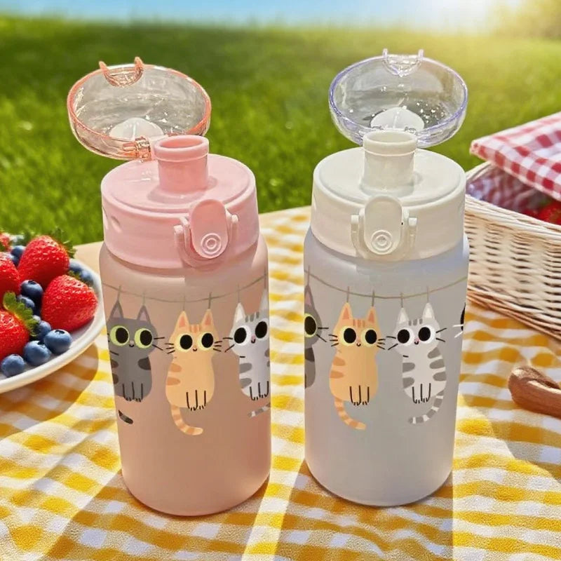 550ML Adorable Cat Print Water Bottle Straw Cup Plastic Cup for Children's Outdoor School Travel Drinking Water Bottle, 3D Printed