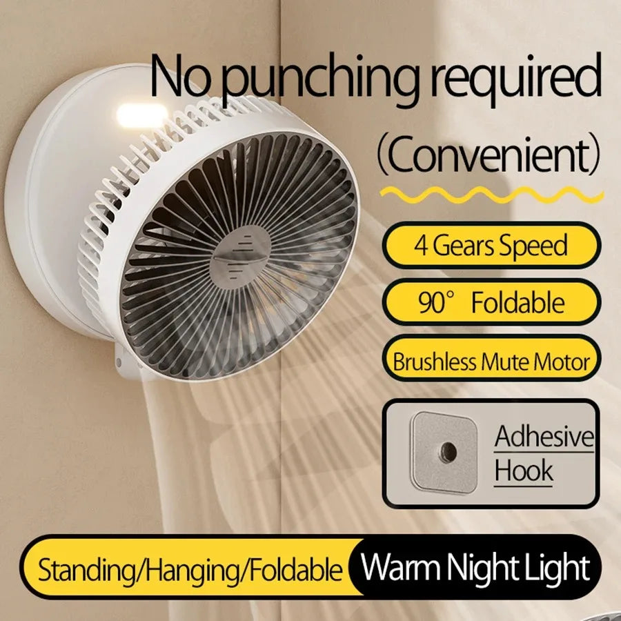 Foldable Desktop Fan, Compact Wall-Mounted Fan, Rechargeable, 4-Gear Adjustable Portable Air Circulation Fan with Warm Night Light