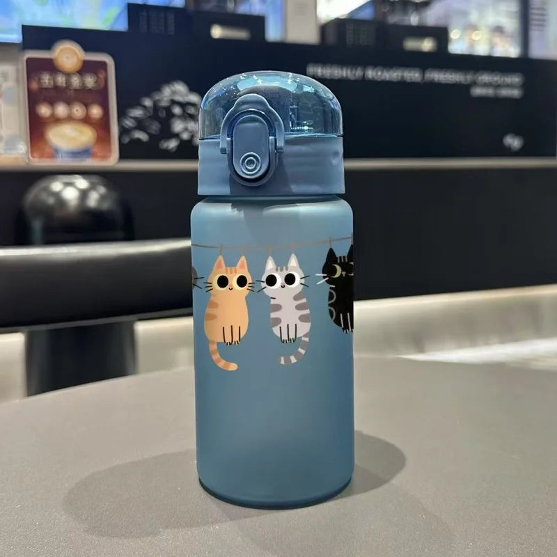 550ML Adorable Cat Print Water Bottle Straw Cup Plastic Cup for Children's Outdoor School Travel Drinking Water Bottle, 3D Printed