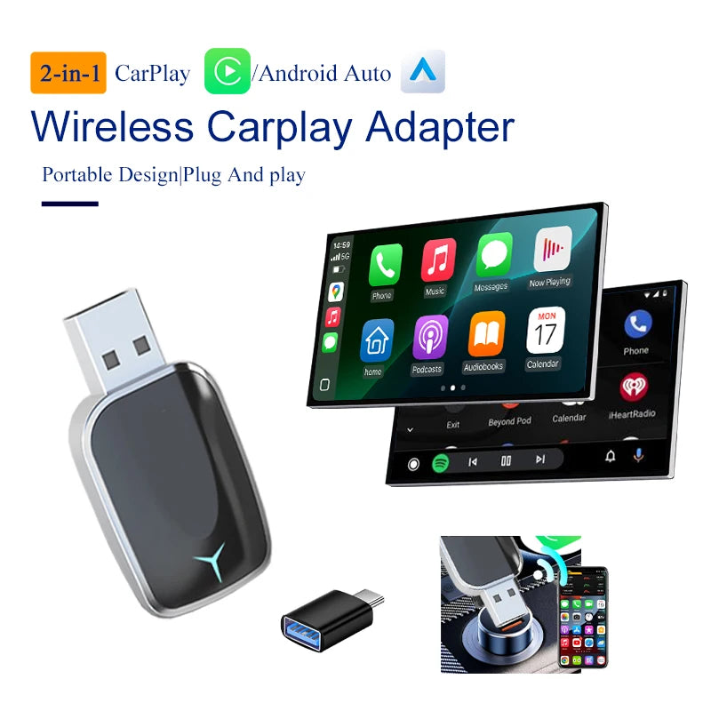 USB AI Smart Box Car Intelligent System 2-in-1 Wireless CarPlay Adapter with Android Auto Dongle Wired to Wireless Plug and Play