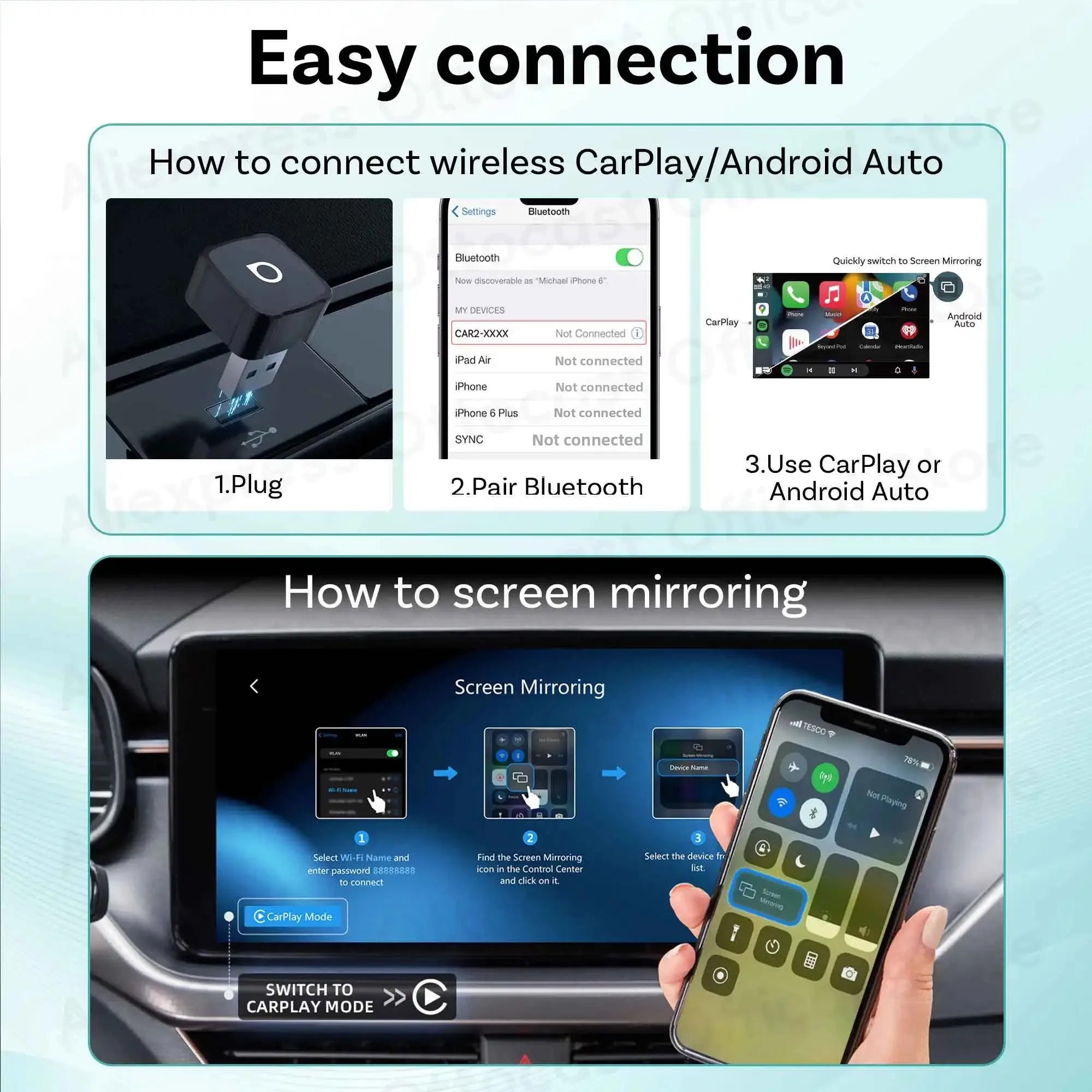 Ottocast Mini Air Tiny Cube 4.0 Wireless CarPlay Android Auto Adapter for iPhone iOS Mirroring Cast Screen Automotive Accessories 2026