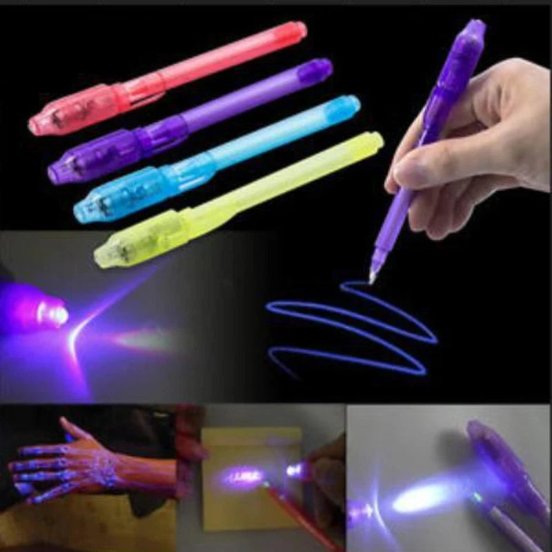 One-fourth of an invisible ink pen with a UV light, a magic marker for secret messages, treasure box prizes, party favours for kids, and toys as gifts