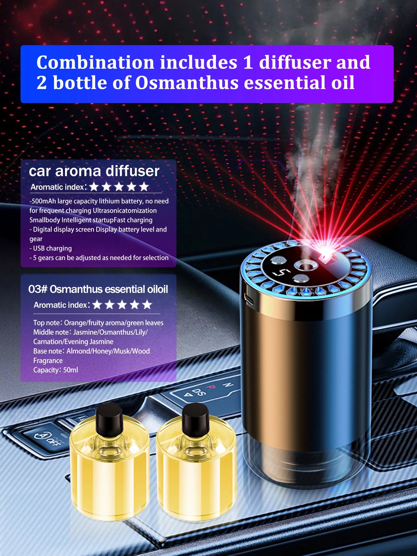 Five different kinds of essential oils, a car-mounted aroma diffuser, and a rechargeable multicoloured romantic starlight lamp