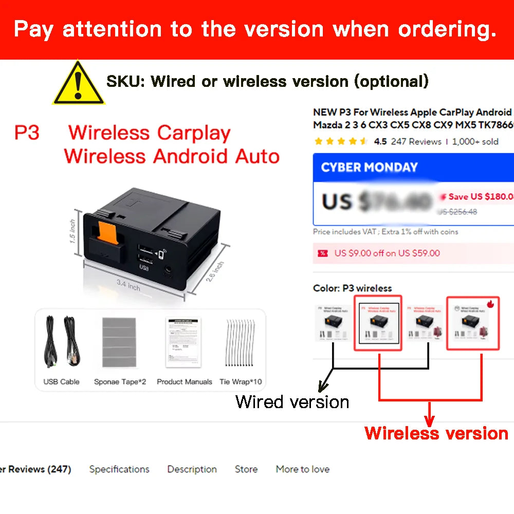 Retrofit Mazda 2 3 6 CX3 CX5 CX8 CX9 MX5 TK78669U0C Kit's NEW P3 Wireless Apple CarPlay Android Auto Adapter USB Hub OEM