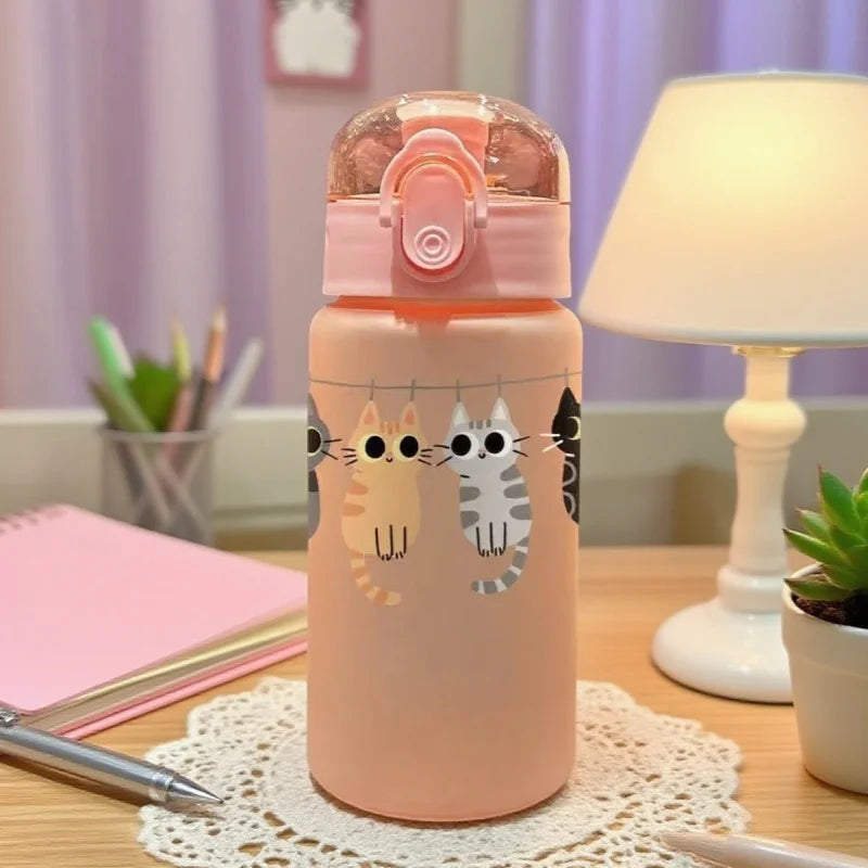 550ML Adorable Cat Print Water Bottle Straw Cup Plastic Cup for Children's Outdoor School Travel Drinking Water Bottle, 3D Printed