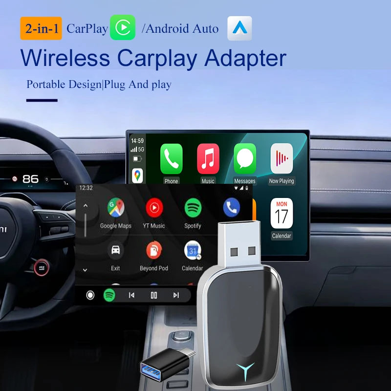 USB AI Smart Box Car Intelligent System 2-in-1 Wireless CarPlay Adapter with Android Auto Dongle Wired to Wireless Plug and Play