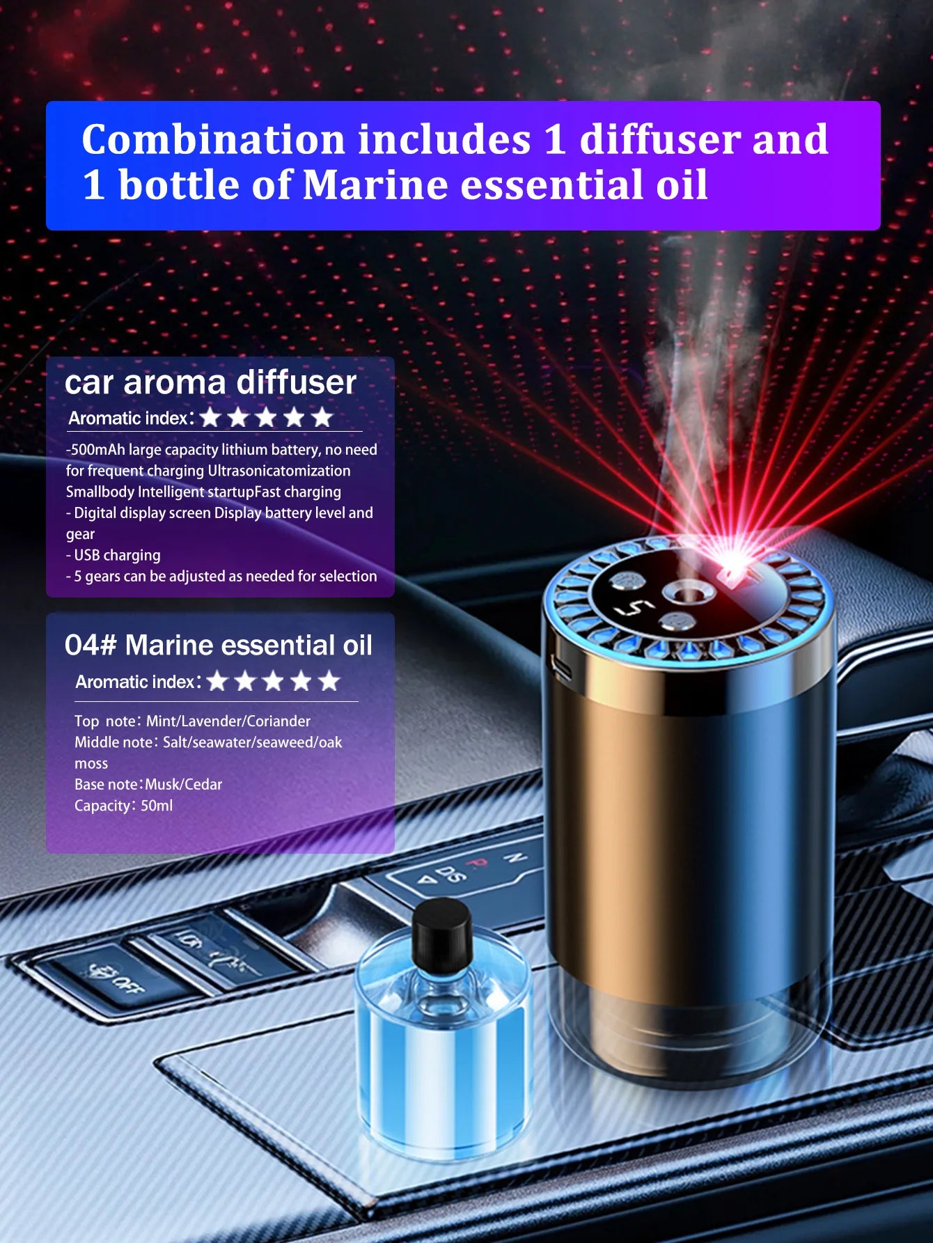 Five different kinds of essential oils, a car-mounted aroma diffuser, and a rechargeable multicoloured romantic starlight lamp