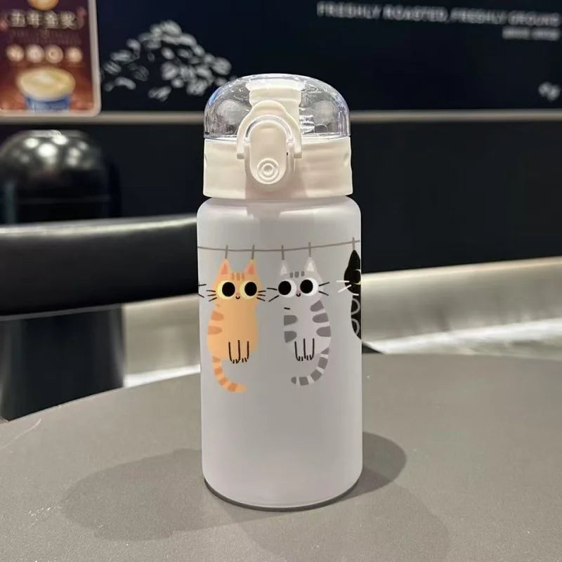 550ML Adorable Cat Print Water Bottle Straw Cup Plastic Cup for Children's Outdoor School Travel Drinking Water Bottle, 3D Printed