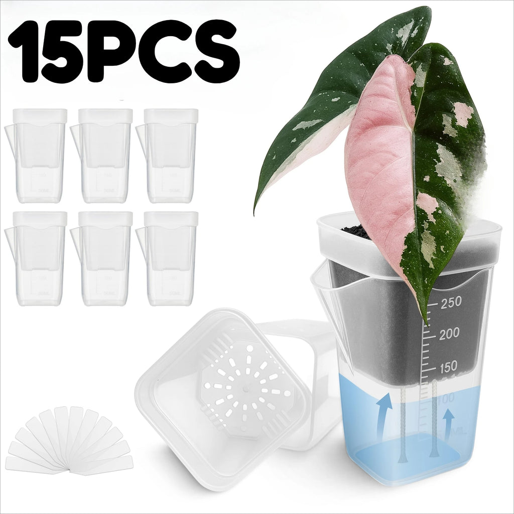 15 Self-Watering Plant Pots with Reservoirs for Mini Seedlings, Flowerpots, and Translucent Plastic Planters