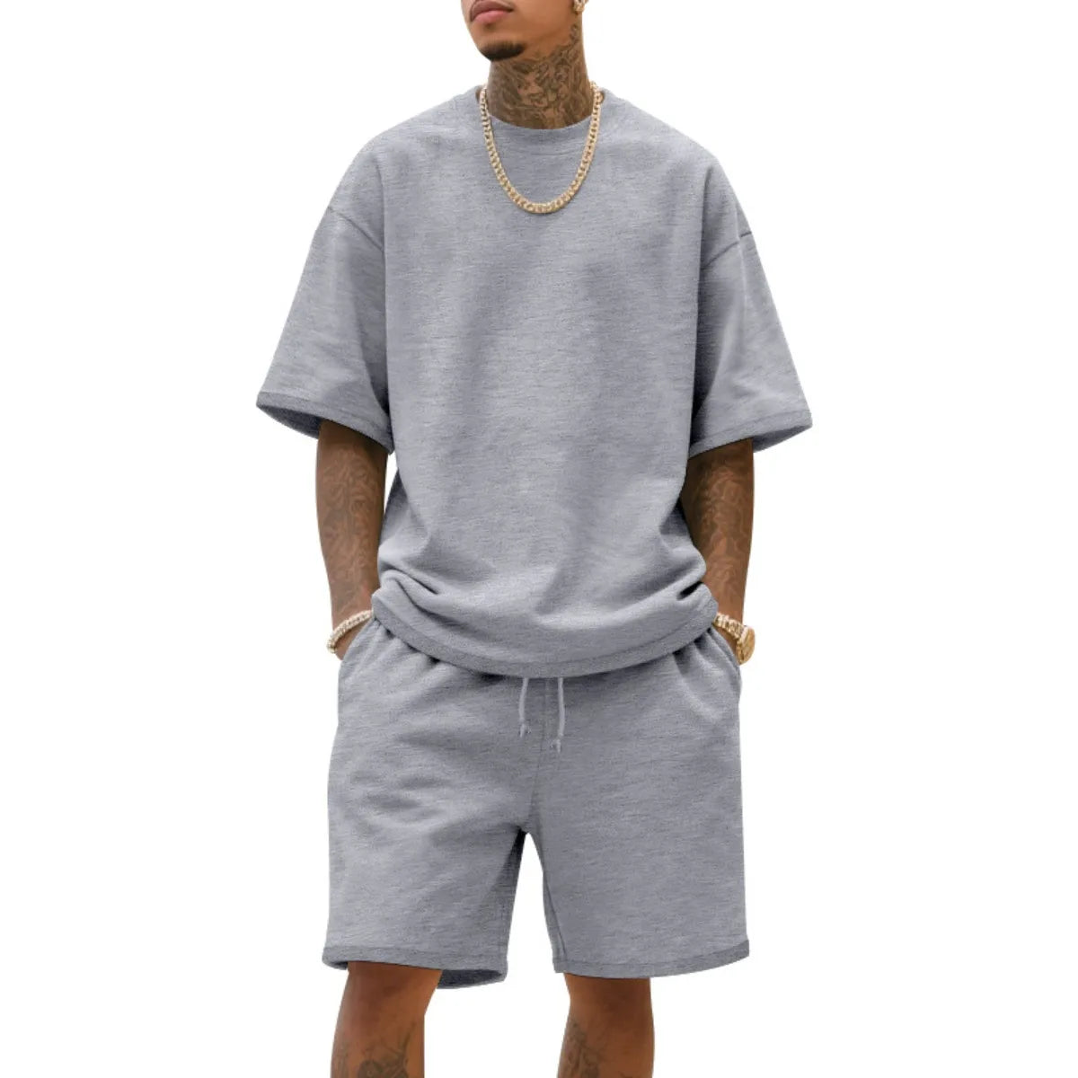 Men's Summer American-Style Loose High Street Hip-Hop Sport Short-Sleeved Set with Shorts, 100% Cotton, 2025