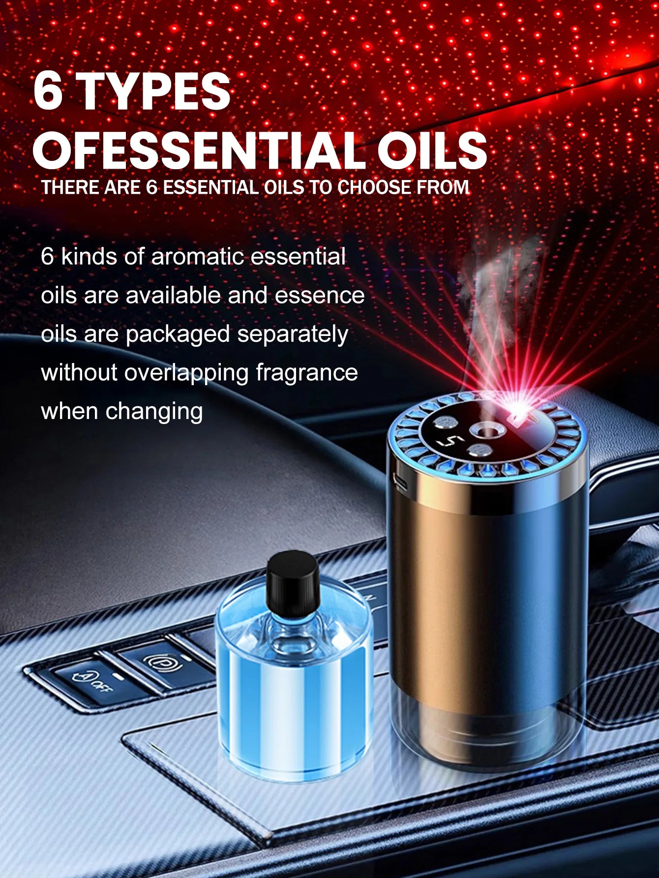 Five different kinds of essential oils, a car-mounted aroma diffuser, and a rechargeable multicoloured romantic starlight lamp