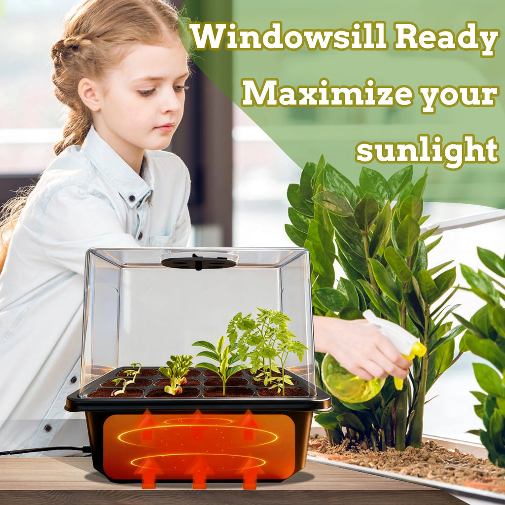 Two-pack propagation trays with a humidity dome, a 24-cell plant starter tray set, and a seed starter kit with built-in heat
