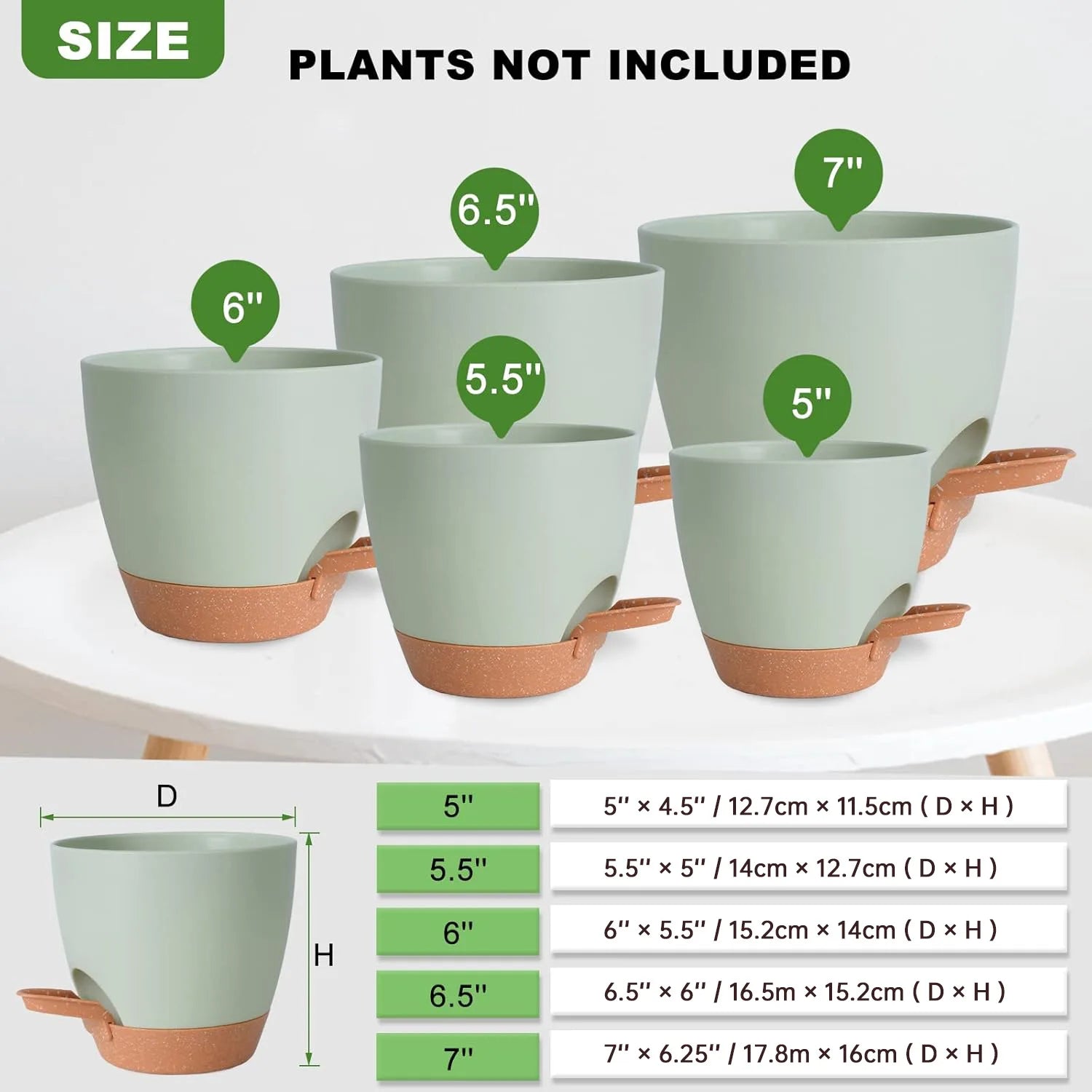 Five Nursery Planting Pot Plastic Self-Watering Planters with a Drainage Hole for Indoor Plants 7/6.5/6/5.5/5 Inches