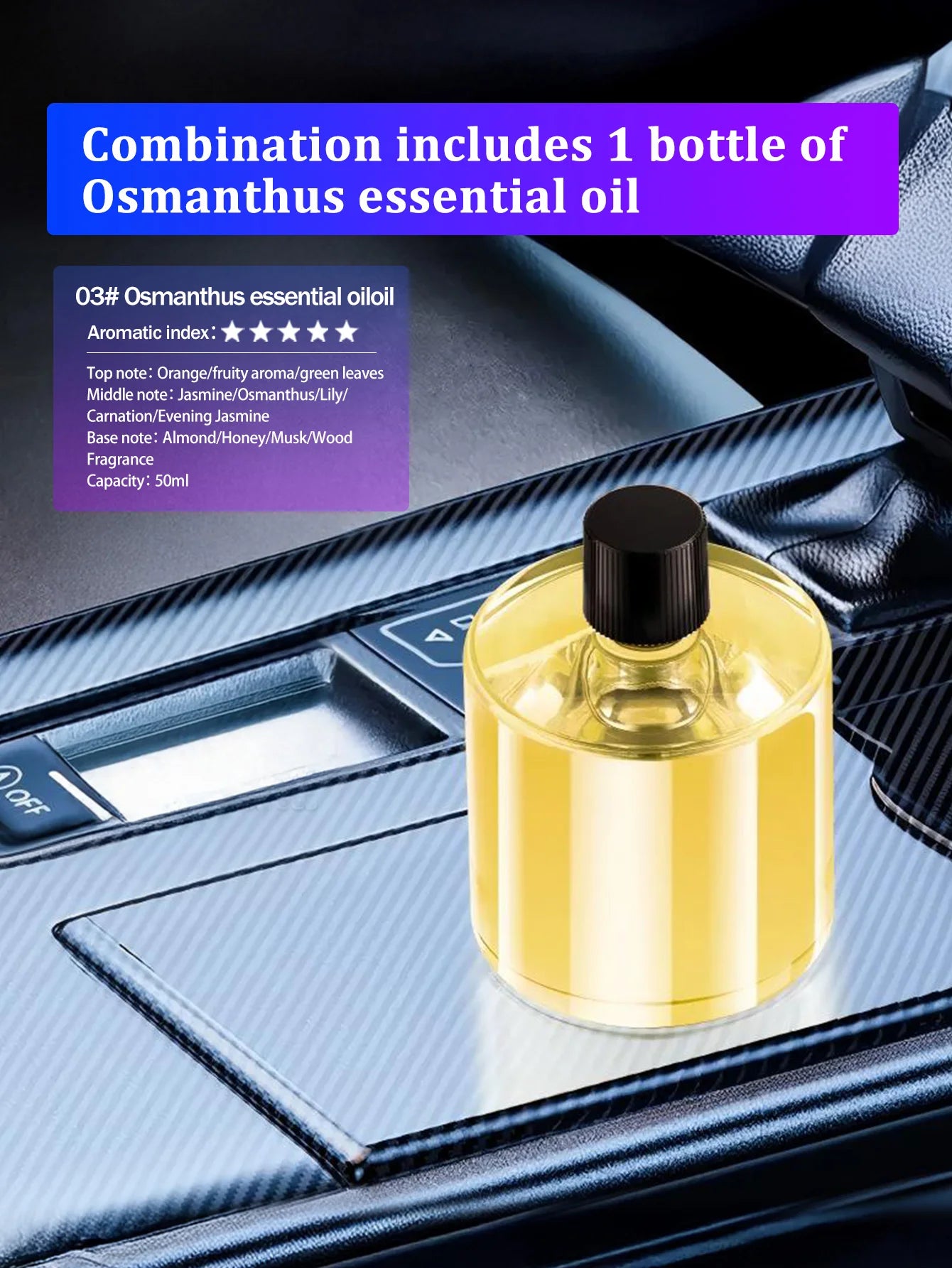Five different kinds of essential oils, a car-mounted aroma diffuser, and a rechargeable multicoloured romantic starlight lamp