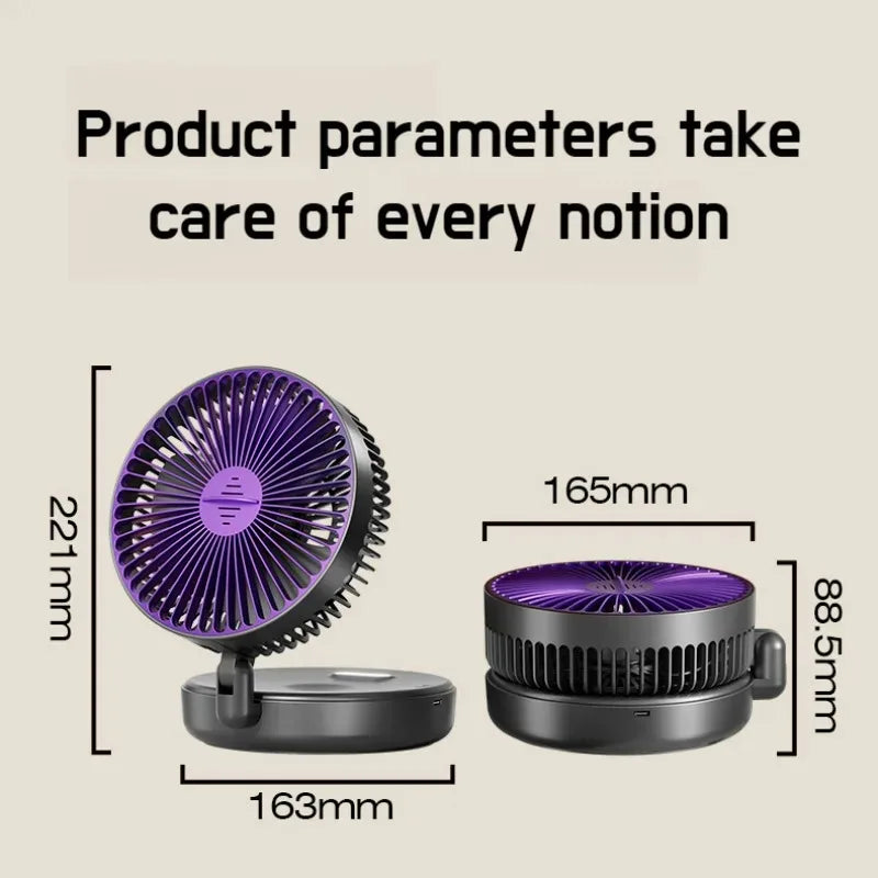 Foldable Desktop Fan, Compact Wall-Mounted Fan, Rechargeable, 4-Gear Adjustable Portable Air Circulation Fan with Warm Night Light