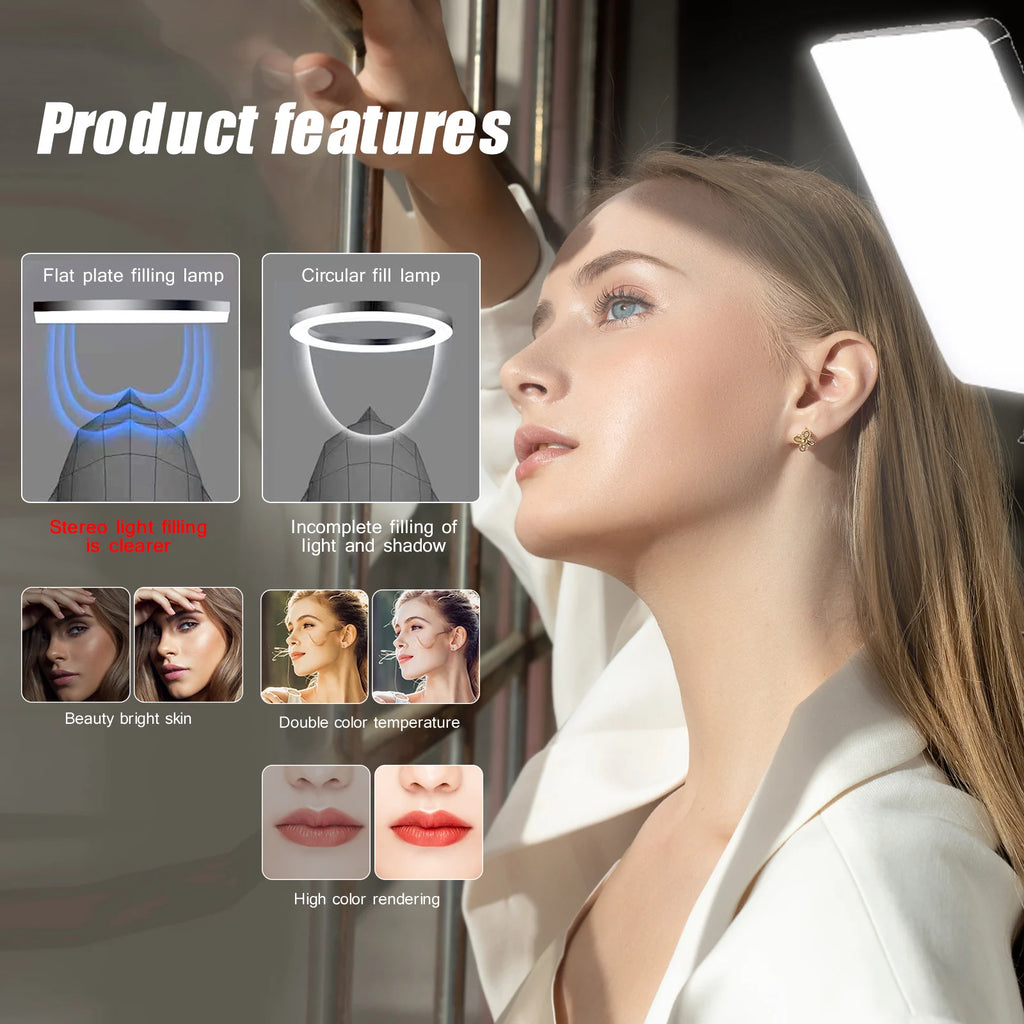 LED video lights for conference photography, lighting for selfies, and a tripod-equipped photo studio lamp for live streaming on TikTok and Zoom
