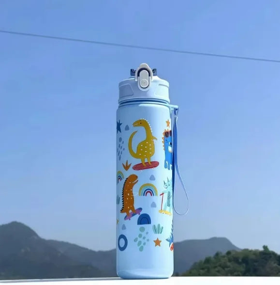 Kids' Summer Water Cup: 750ml Dinosaur Water Bottle with Silicone Straw and Leakproof Plastic Water Bottle
