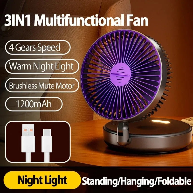 Foldable Desktop Fan, Compact Wall-Mounted Fan, Rechargeable, 4-Gear Adjustable Portable Air Circulation Fan with Warm Night Light