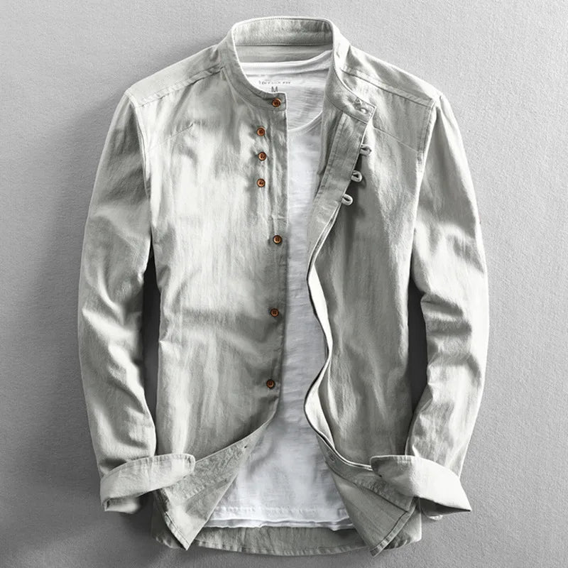 Long-sleeved, slim-fitting, solid-colored, casual, breathable, traditional men's linen cotton shirt with a Harajuku stand collar in a Japanese style