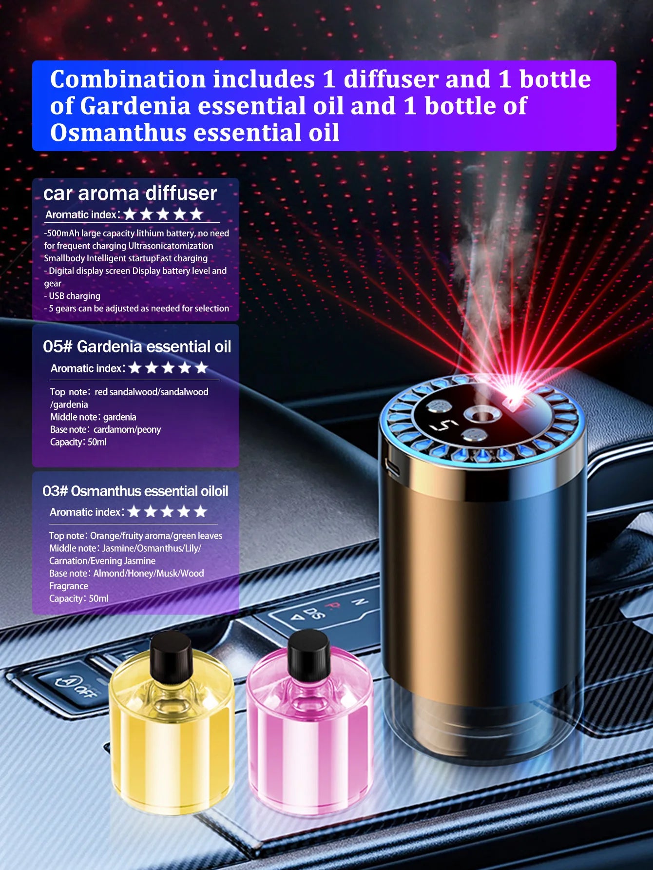 Five different kinds of essential oils, a car-mounted aroma diffuser, and a rechargeable multicoloured romantic starlight lamp
