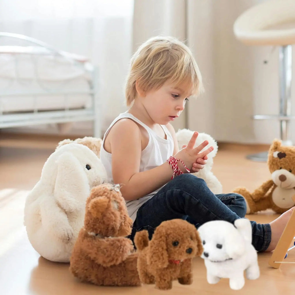 An electric puppy toy, a robotic dog, a simulated plush electronic dog, a walking and barking electronic pet, and a holiday present