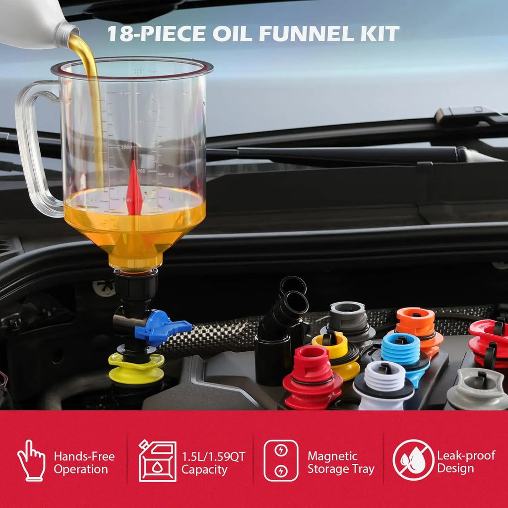 Elbow Fitting, Arrow Screen Magnetic Storage, 18-piece Engine Oil Funnel Set, 1.59-quart Automotive Oil Funnel Kit with 12 Adapters