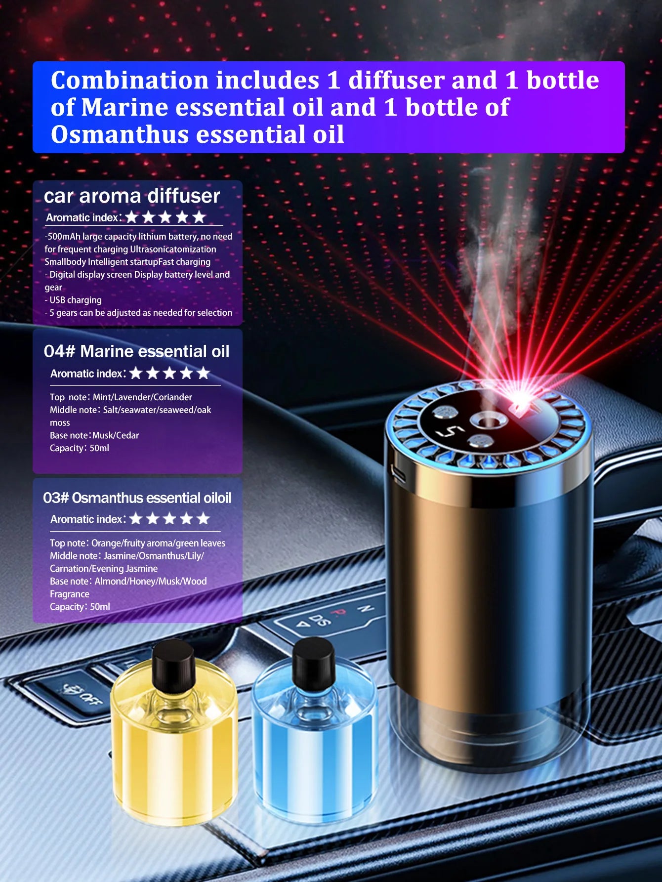 Five different kinds of essential oils, a car-mounted aroma diffuser, and a rechargeable multicoloured romantic starlight lamp