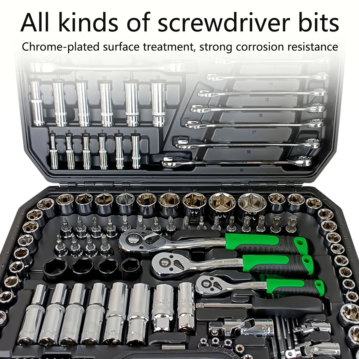 150/46 pieces of a multipurpose, auto-mechanical toolkit with a socket, wrench, and ratchet set