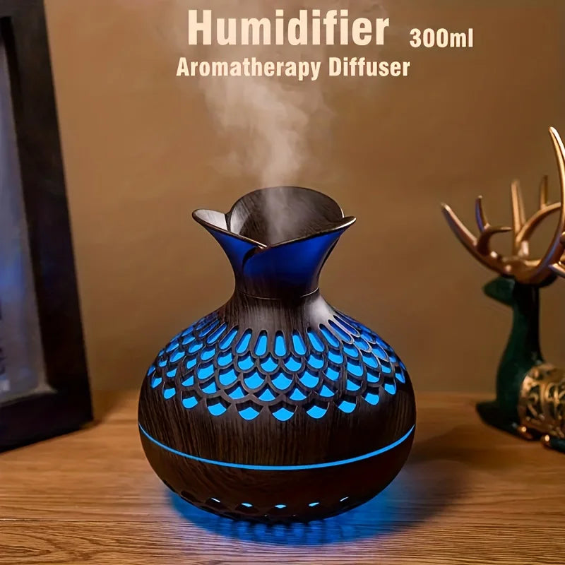 Aromatherapy essential oil diffuser, 300ml wooden vase, light, colourful, cool mist air humidifier, USB mini humidifier