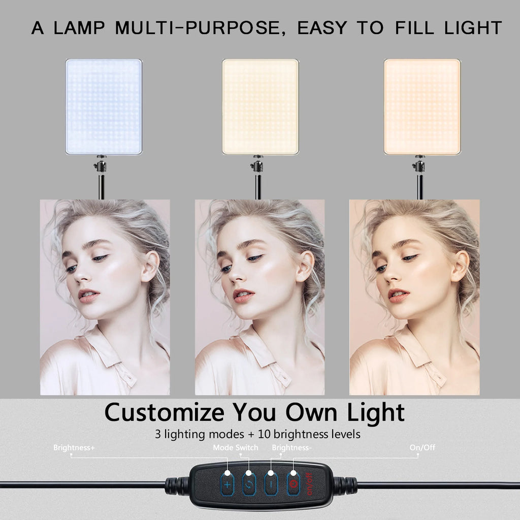 LED video lights for conference photography, lighting for selfies, and a tripod-equipped photo studio lamp for live streaming on TikTok and Zoom