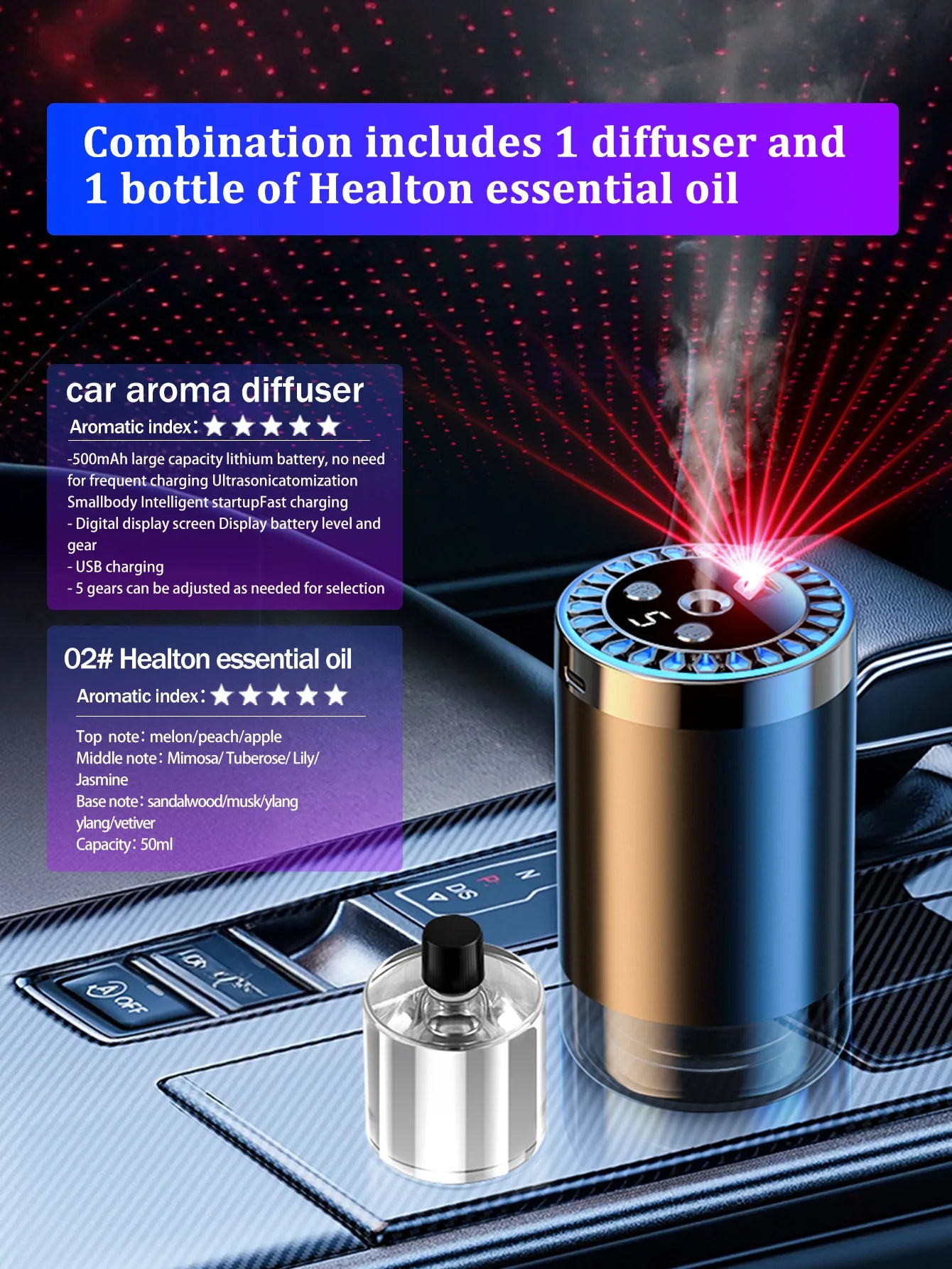 Five different kinds of essential oils, a car-mounted aroma diffuser, and a rechargeable multicoloured romantic starlight lamp
