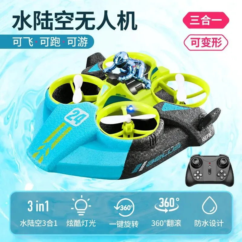Children's RC Mini Drone Altitude Hold Headless Mode 3-in-1 Sea Land Air Flight 2.4G 6-Axis Quadcopter Boat RC Helicopter