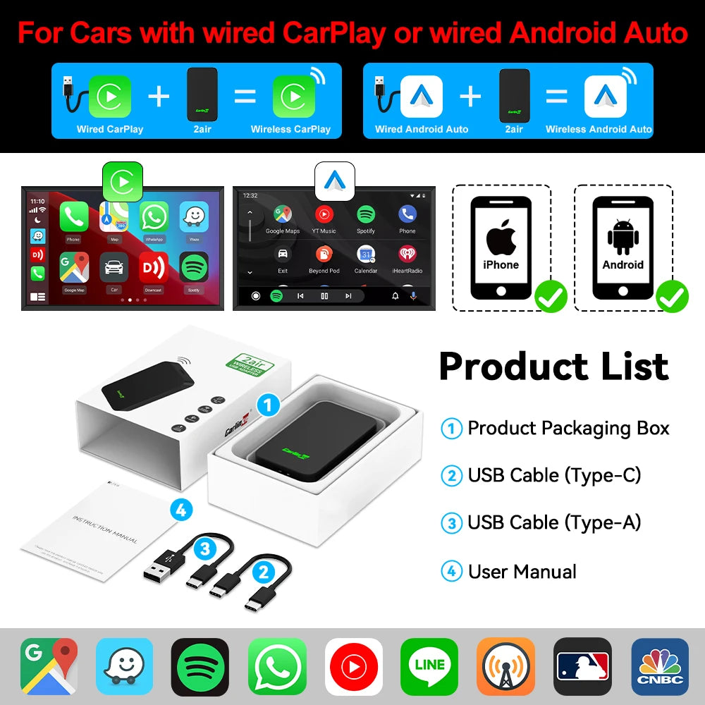 CarlinKit 5.0 2Air Wireless Android Auto Box CarPlay Wireless Dongle for Car Radio with Android Auto and Wired CarPlay, 2026