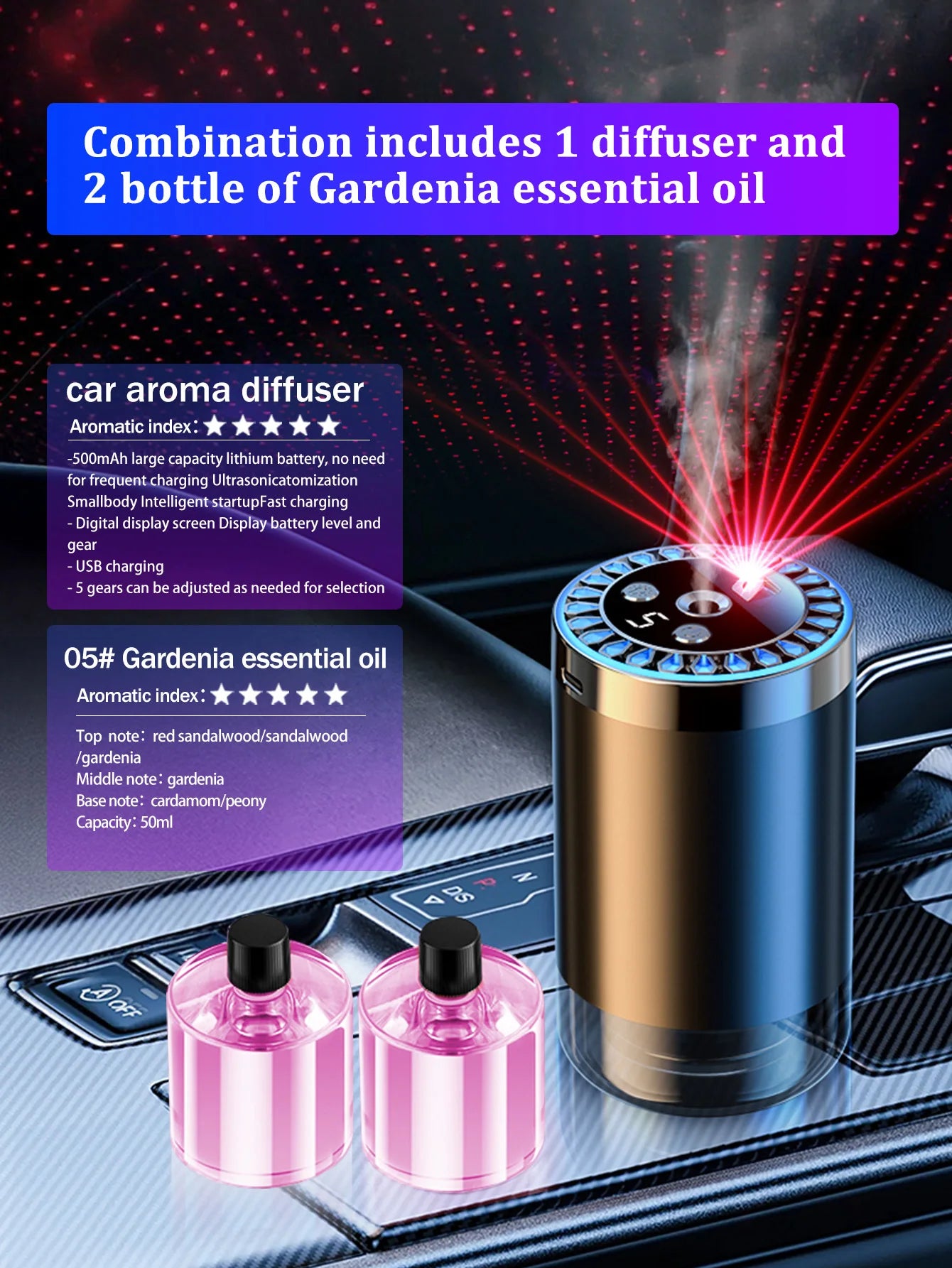 Five different kinds of essential oils, a car-mounted aroma diffuser, and a rechargeable multicoloured romantic starlight lamp