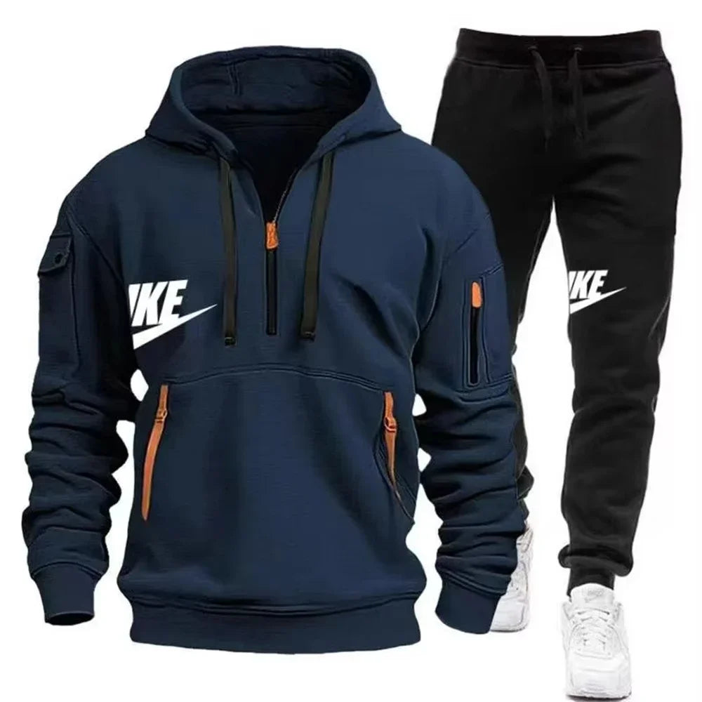 Men's casual sportswear warm suit with a zipper hoodie and trousers for autumn and winter