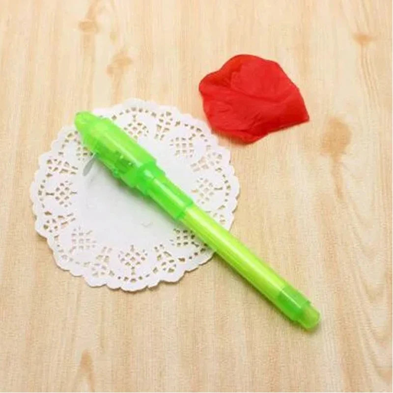 One-fourth of an invisible ink pen with a UV light, a magic marker for secret messages, treasure box prizes, party favours for kids, and toys as gifts