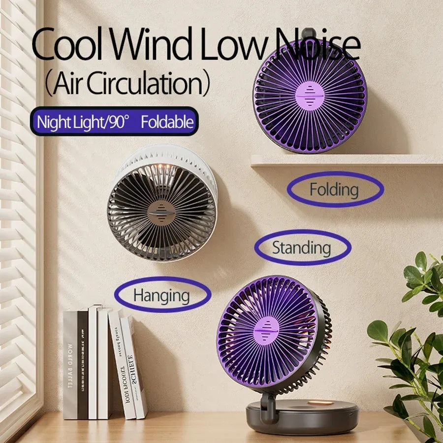 Foldable Desktop Fan, Compact Wall-Mounted Fan, Rechargeable, 4-Gear Adjustable Portable Air Circulation Fan with Warm Night Light