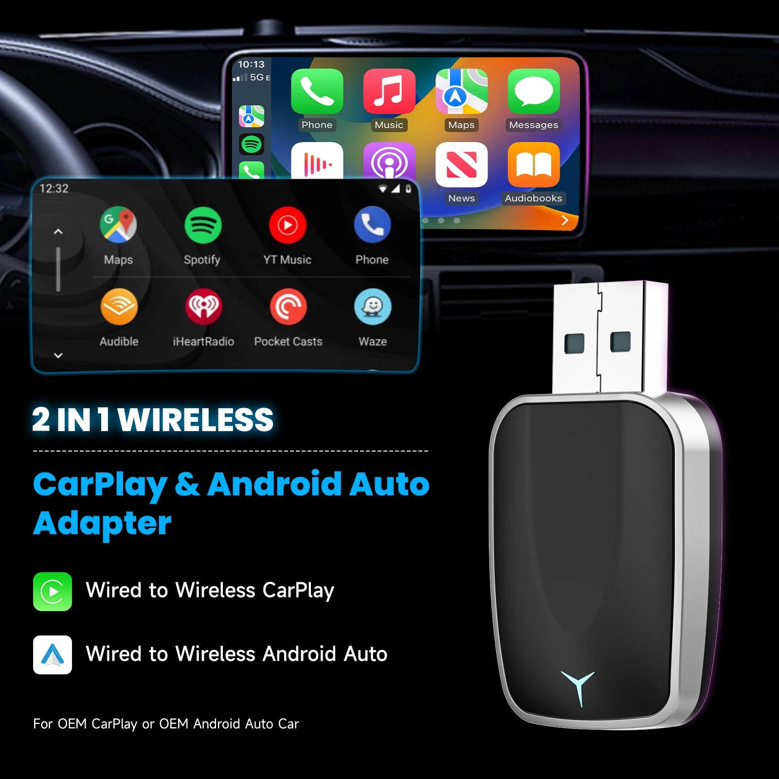 Wireless CarPlay & Android Auto Adapter, Plug-and-Play Dongle with USB-A/C Support for iOS 10+ and Android 11+