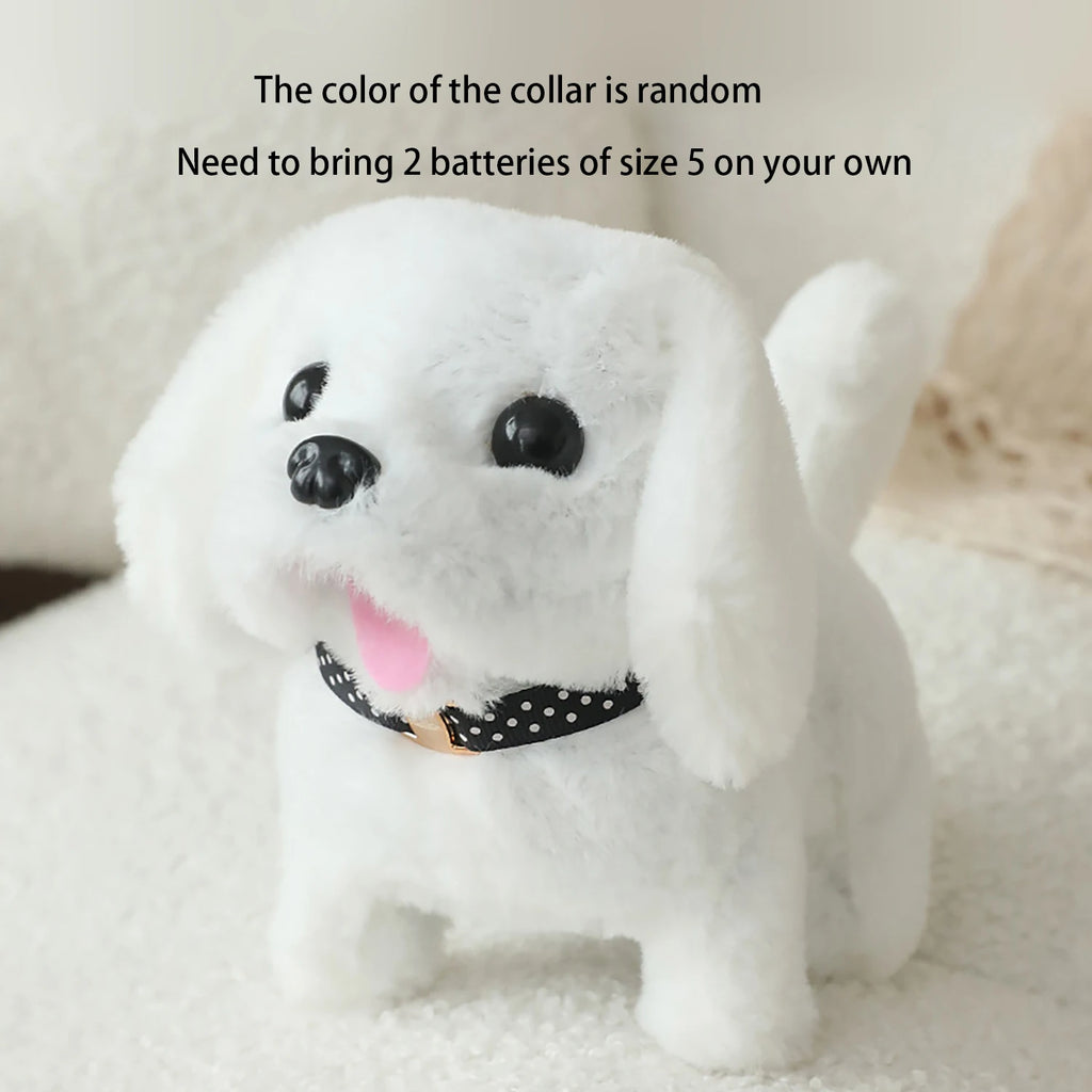 An electric puppy toy, a robotic dog, a simulated plush electronic dog, a walking and barking electronic pet, and a holiday present