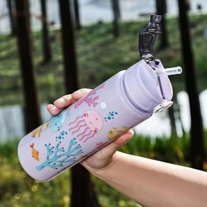 Kids' Summer Water Cup: 750ml Dinosaur Water Bottle with Silicone Straw and Leakproof Plastic Water Bottle
