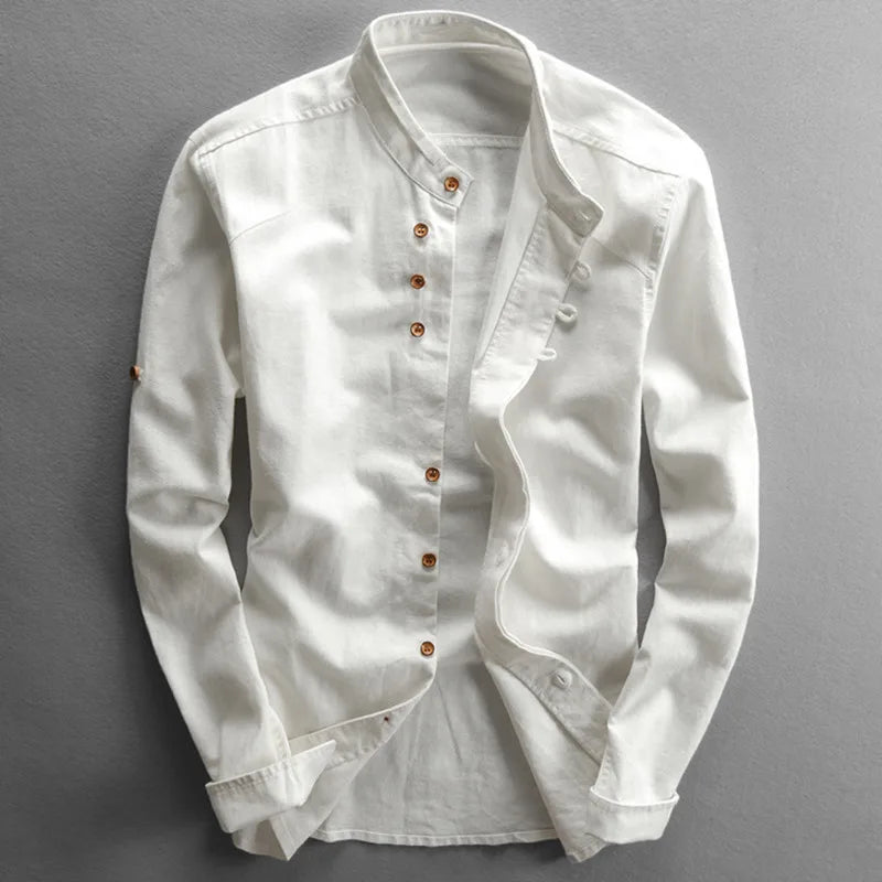 Long-sleeved, slim-fitting, solid-colored, casual, breathable, traditional men's linen cotton shirt with a Harajuku stand collar in a Japanese style