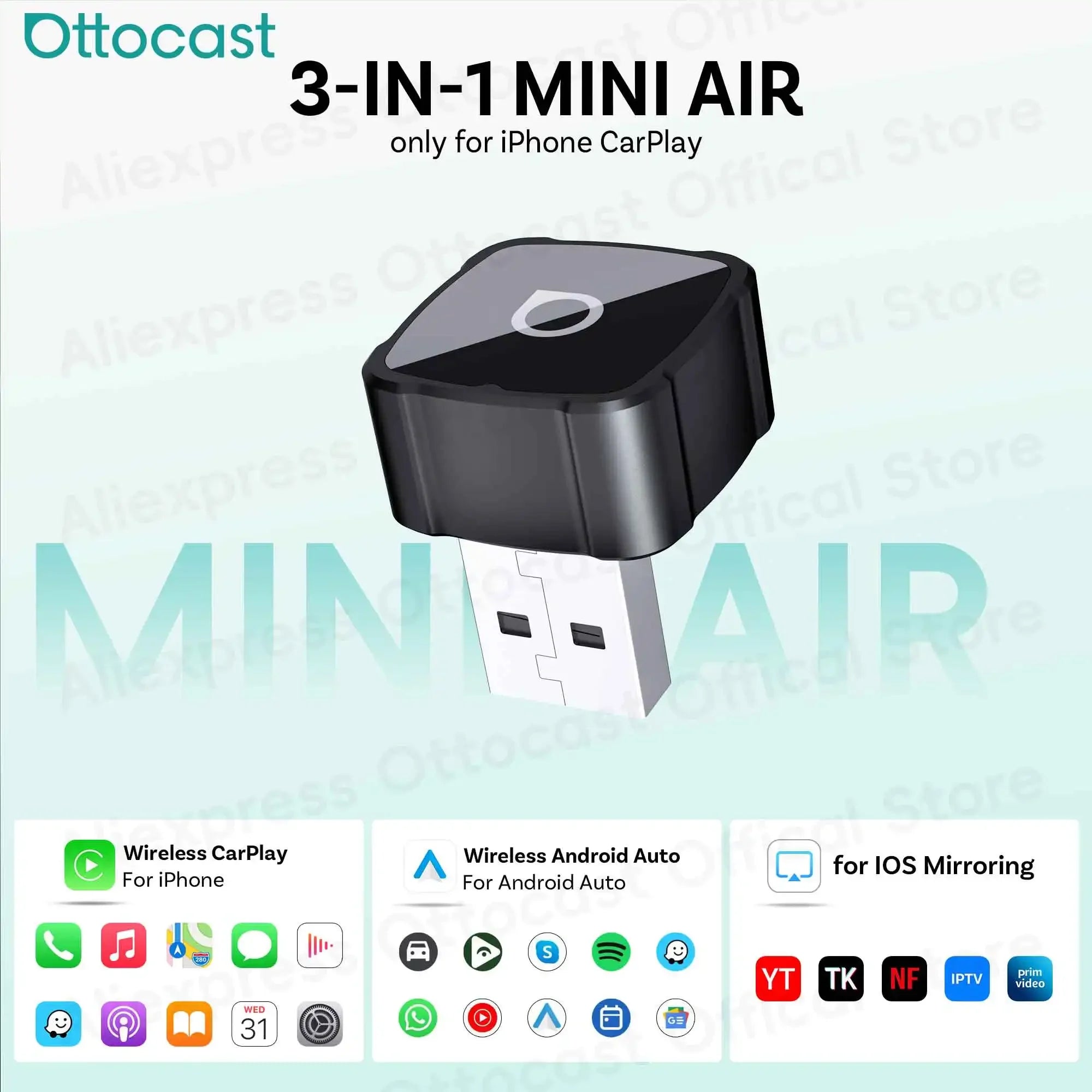 Ottocast Mini Air Tiny Cube 4.0 Wireless CarPlay Android Auto Adapter for iPhone iOS Mirroring Cast Screen Automotive Accessories 2026