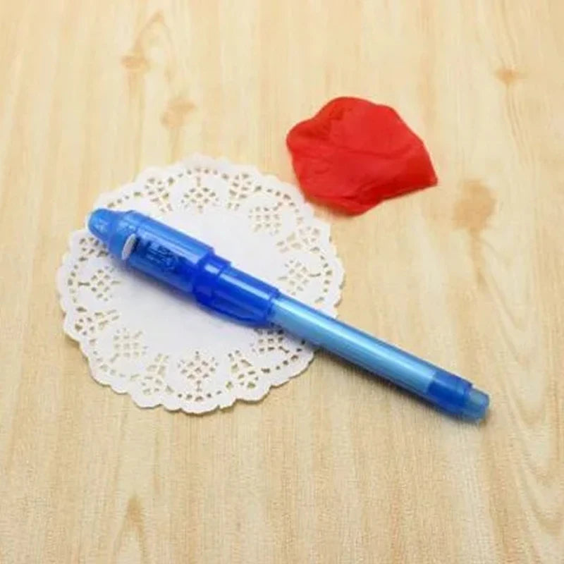 One-fourth of an invisible ink pen with a UV light, a magic marker for secret messages, treasure box prizes, party favours for kids, and toys as gifts
